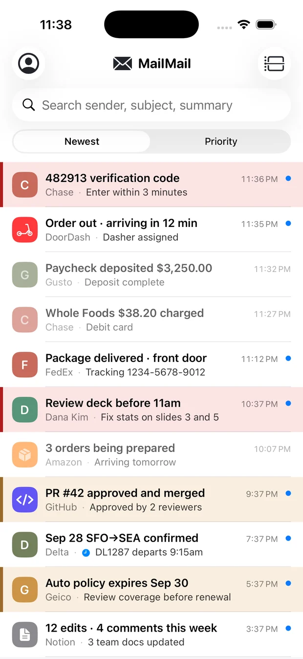 MailMail summary inbox — each mail shows an AI summary headline with sender and key point below